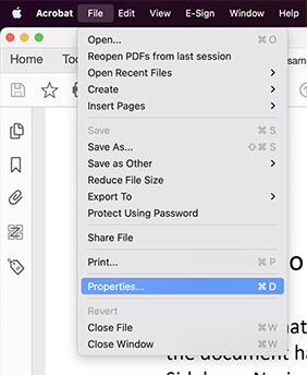 screenshot of acrobat with File menu expanded and Properties selected