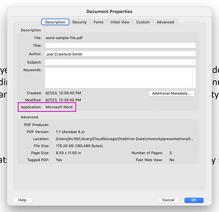 screenshot of Acrobats Document Properties dialog box with Application highlighted.