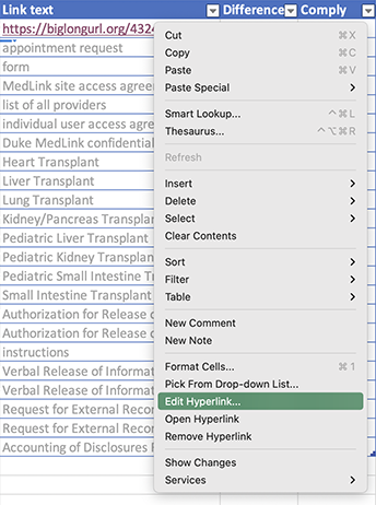 screenshot of Excel right-click with Edit Hyperlink selected