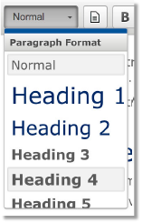 Content management system editor interface with a dropdown full of headings 1 thru 5.