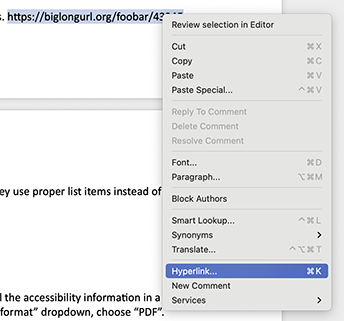 screenshot of Word right-click contextual menu with hyperlink selected