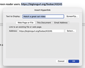Screenshot of Word Insert Hyperlink dialog box with Text to Display selected