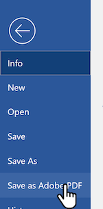 Screenshot of file menu open with Save as adobe PDF selected