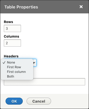 Table dialog box open with headers dropdown selected