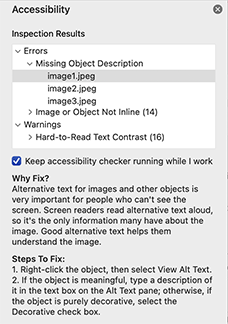 Sceenshot of Word Accessibility Panel with Errors and Warnings