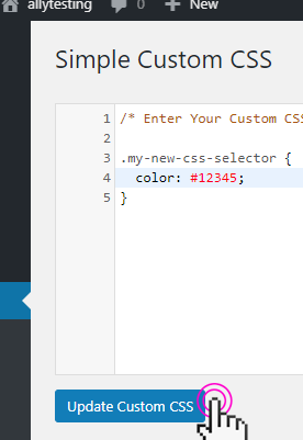 Screenshot of the Simple Custom CSS text field and update custom css button