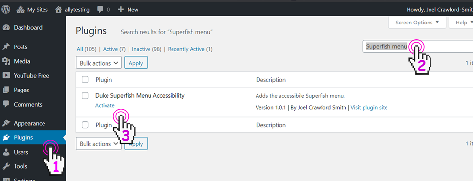 Screenshot of activating the superfish wordpress plugin