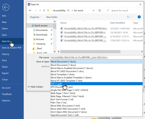 Screenshot of MS Office with cursor on Save as and File Format PDF is highlighted